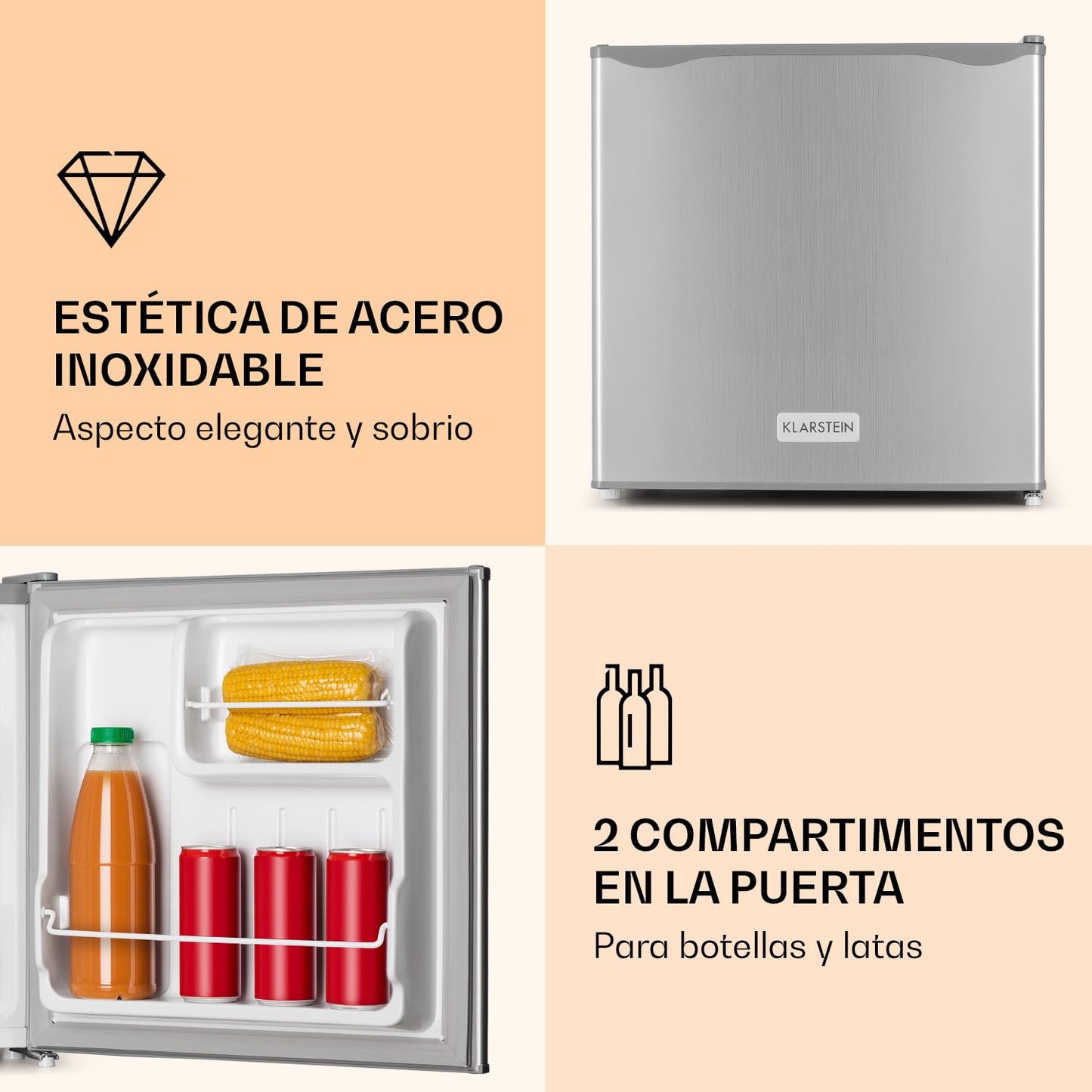 Klarstein Mini Bar 46L – Mini Nevera Silenciosa con Botellero, Estante y Compartimento de Puerta, Ajuste de Temperatura, Color Plata