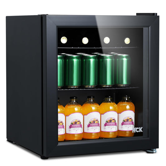 HCK Mini Nevera 42L con Puerta de Vidrio – Capacidad para 24 Latas, Temperatura Ajustable 0-15 °C, Bajo Consumo, Ideal para Oficina, Bar y Exteriores – Color Negro