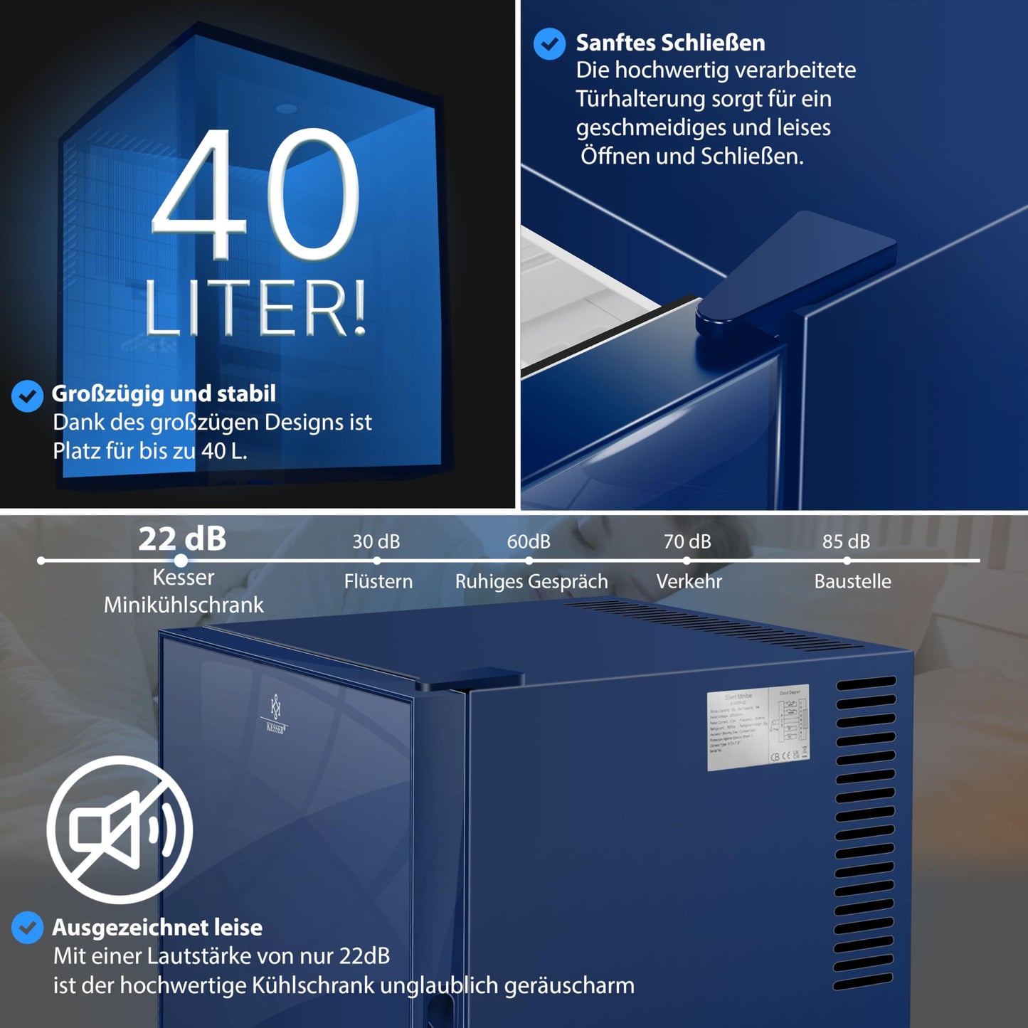 KESSER Mini Nevera 40L Azul Marino | Puerta de Cristal Reversible, Iluminación Interior, 6°-12°C, 22 dB, Altura 57 cm | Clase Energética F | Frigorífico Silencioso para Bebidas y Snacks