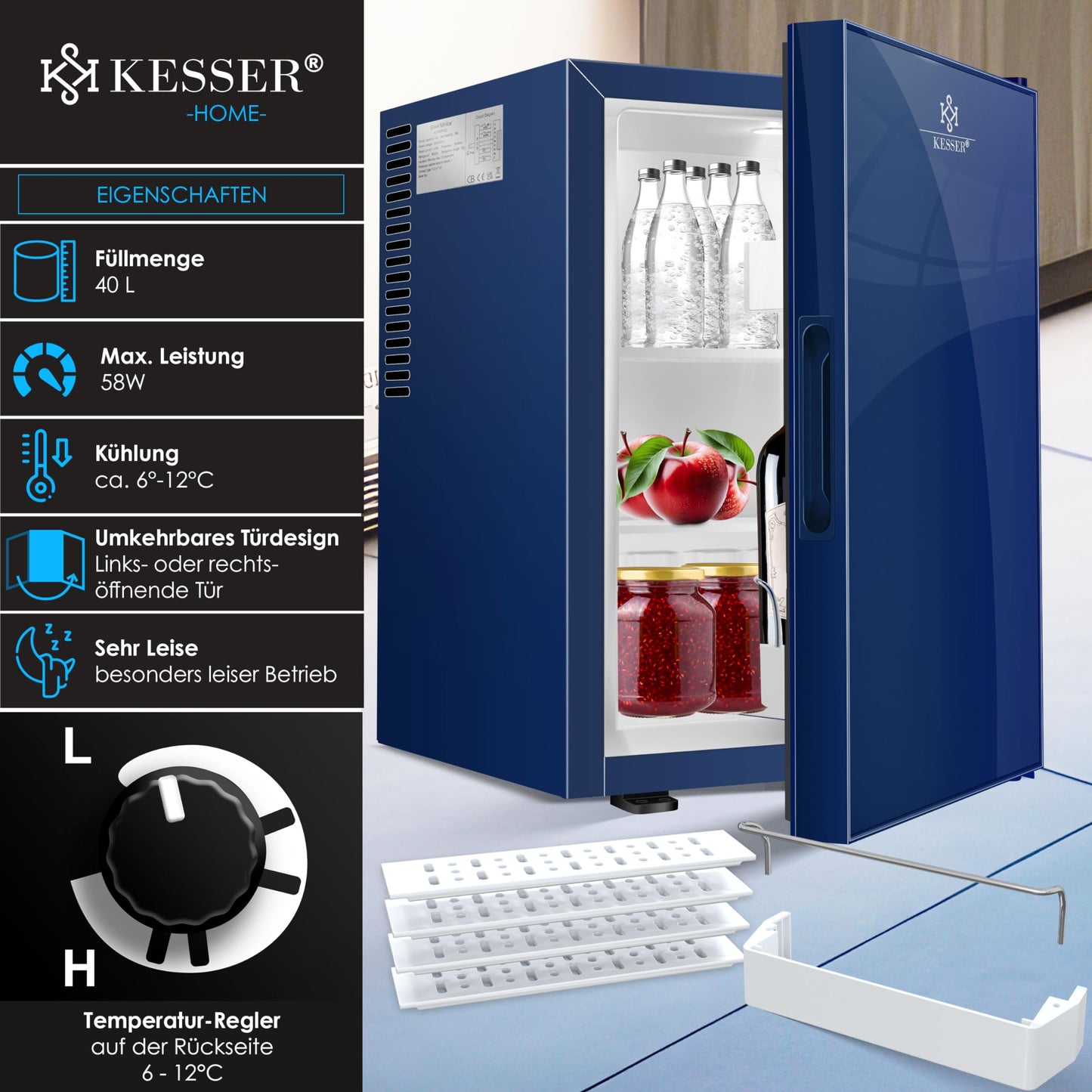 KESSER Mini Nevera 40L Azul Marino | Puerta de Cristal Reversible, Iluminación Interior, 6°-12°C, 22 dB, Altura 57 cm | Clase Energética F | Frigorífico Silencioso para Bebidas y Snacks