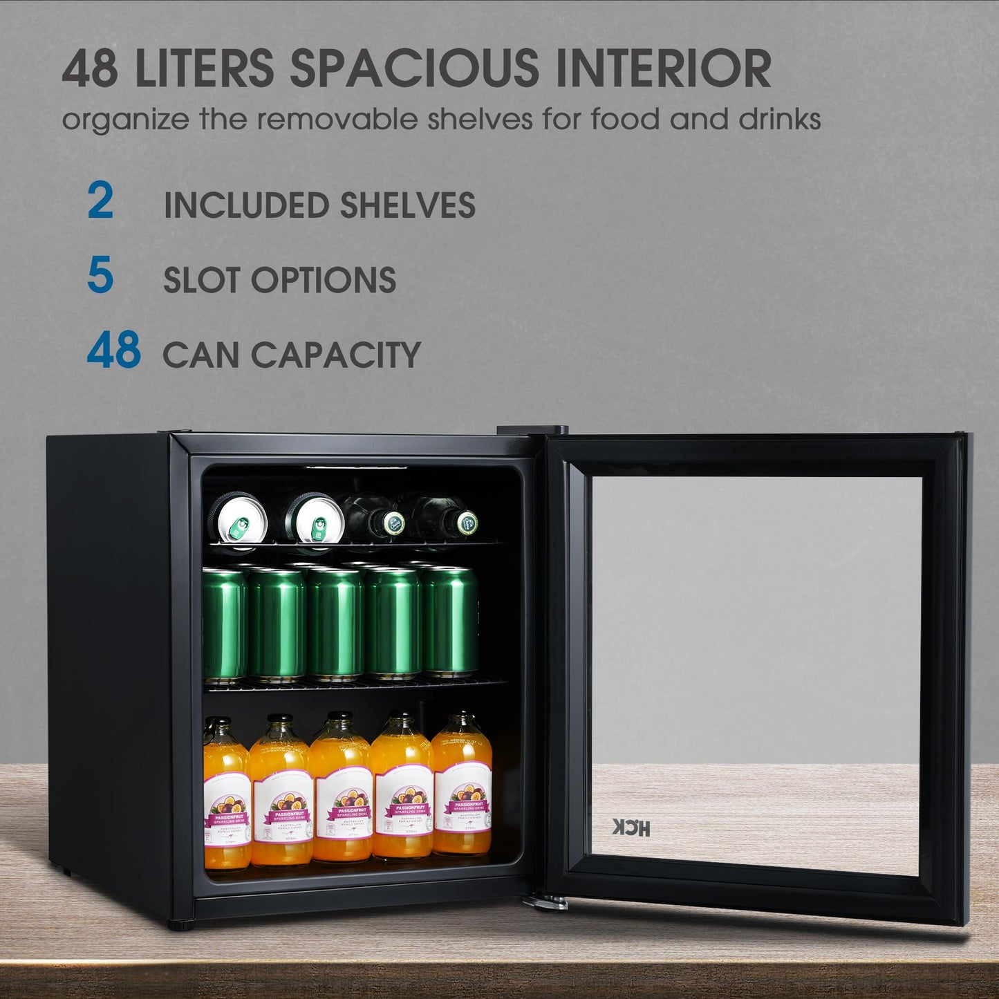 HCK Mini Nevera 42L con Puerta de Vidrio – Capacidad para 24 Latas, Temperatura Ajustable 0-15 °C, Bajo Consumo, Ideal para Oficina, Bar y Exteriores – Color Negro