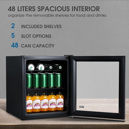 HCK Mini Nevera 42L con Puerta de Vidrio – Capacidad para 24 Latas, Temperatura Ajustable 0-15 °C, Bajo Consumo, Ideal para Oficina, Bar y Exteriores – Color Negro