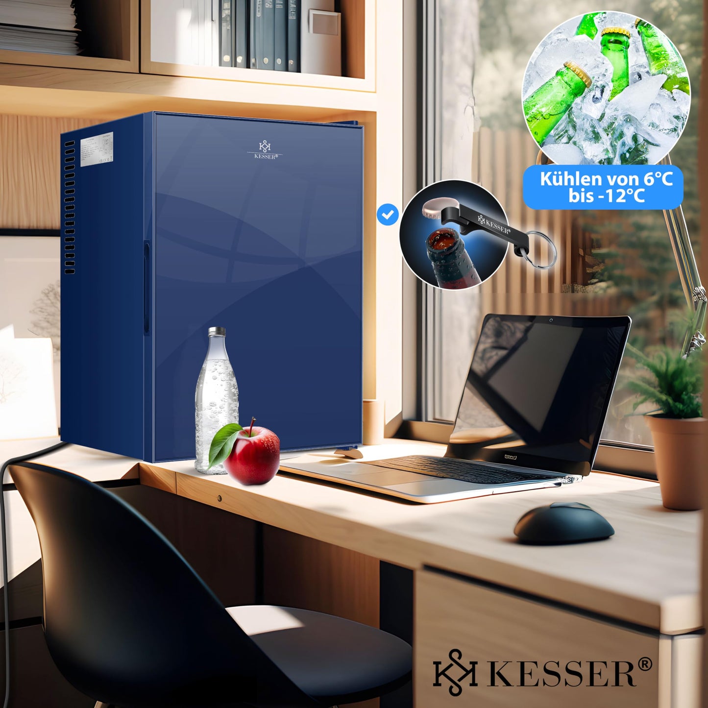 KESSER Mini Nevera 40L Azul Marino | Puerta de Cristal Reversible, Iluminación Interior, 6°-12°C, 22 dB, Altura 57 cm | Clase Energética F | Frigorífico Silencioso para Bebidas y Snacks