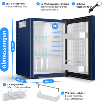 KESSER Mini Nevera 40L Azul Marino | Puerta de Cristal Reversible, Iluminación Interior, 6°-12°C, 22 dB, Altura 57 cm | Clase Energética F | Frigorífico Silencioso para Bebidas y Snacks