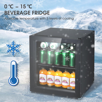 HCK Mini Nevera 42L con Puerta de Vidrio – Capacidad para 24 Latas, Temperatura Ajustable 0-15 °C, Bajo Consumo, Ideal para Oficina, Bar y Exteriores – Color Negro