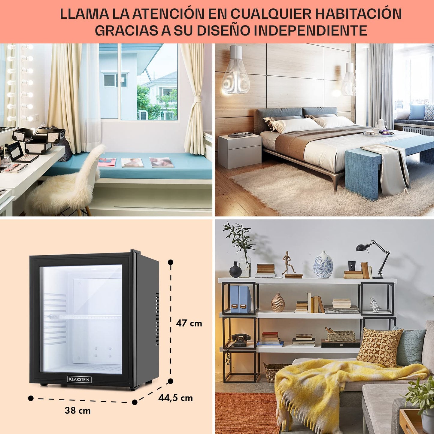 KLARSTEIN Nevera Pequeña Silenciosa, Mini Neveras para Habitación, Bajo Consumo, Puerta de Cristal, Frigoríficos Pequeños Temperatura 12 to 18 °C, Neveras Pequeñas de 30L, Minibar 1 Estante, Negro